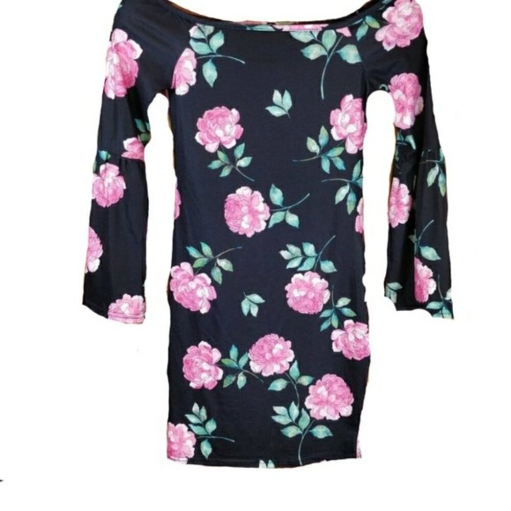 Asos Black Floral Print Body Con Club Wiggle Dress Long Sleeve 4